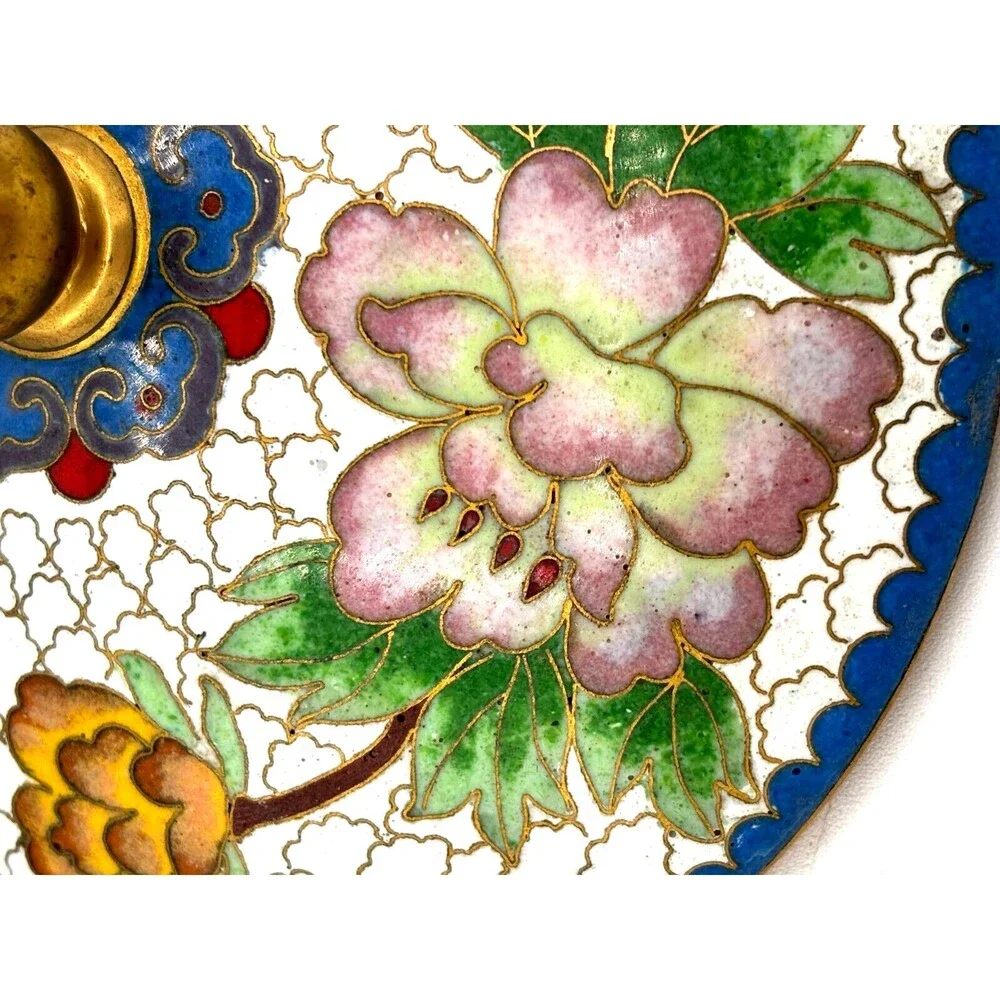 Vintage Chinese Cloisonné Enamel on Bronze Lidded Bowl Trinket Dish‎ Floral Teal